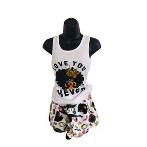 White sequin Afro Queen tank & printed velour shorts set size large new‎